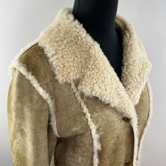 SUNDANCE Tan Suede Leather Sherpa Shearling Long Midi Coat Jacket Collar 12 - Picture 6 of 9
